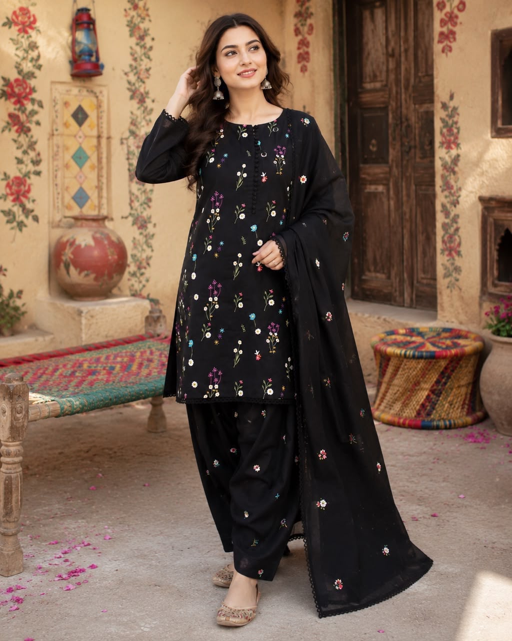 Cross Boti 3PC Dhanak - Black