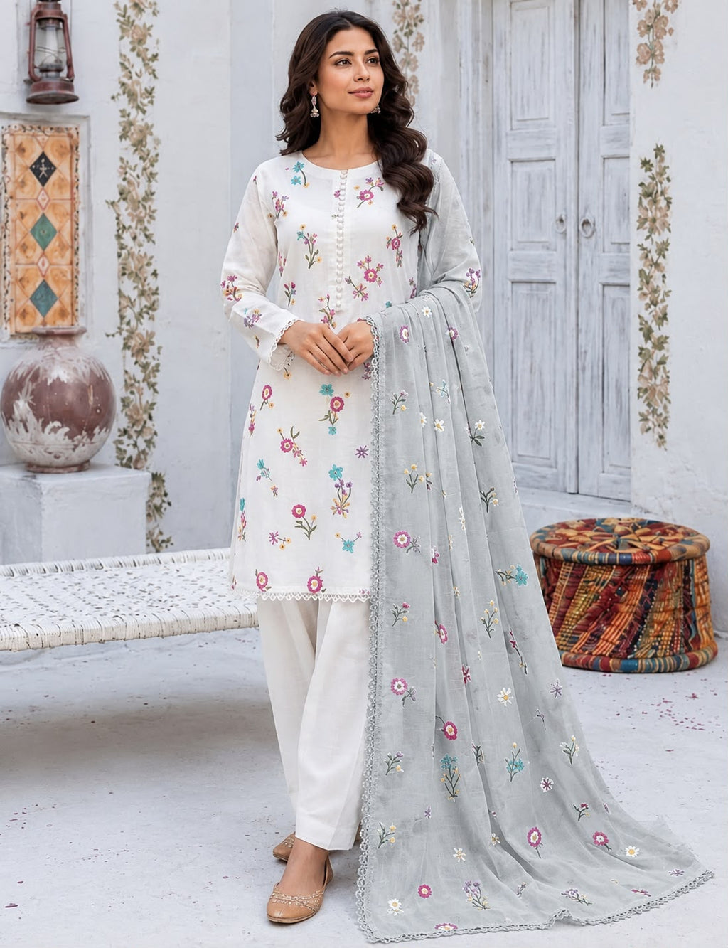 Cross Boti 3PC Dhanak - White
