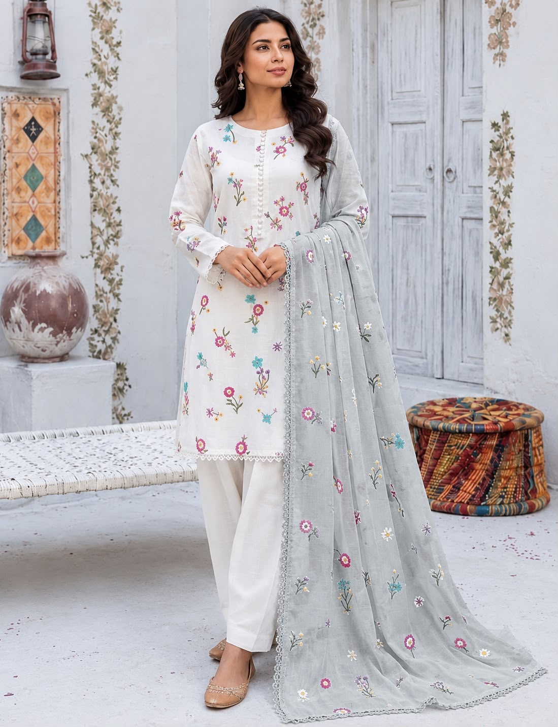 Cross Boti 3PC Dhanak - White