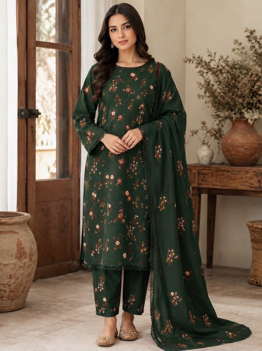 Cross Boti 3PC Dhanak - Green