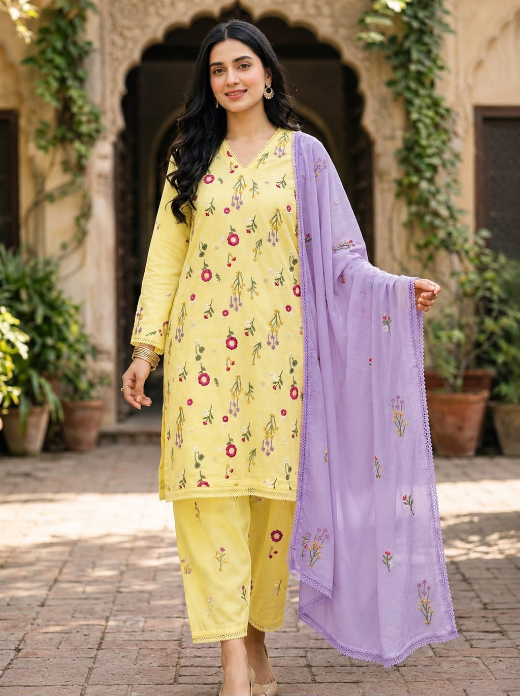 Cross Boti 3PC Dhanak - Yellow