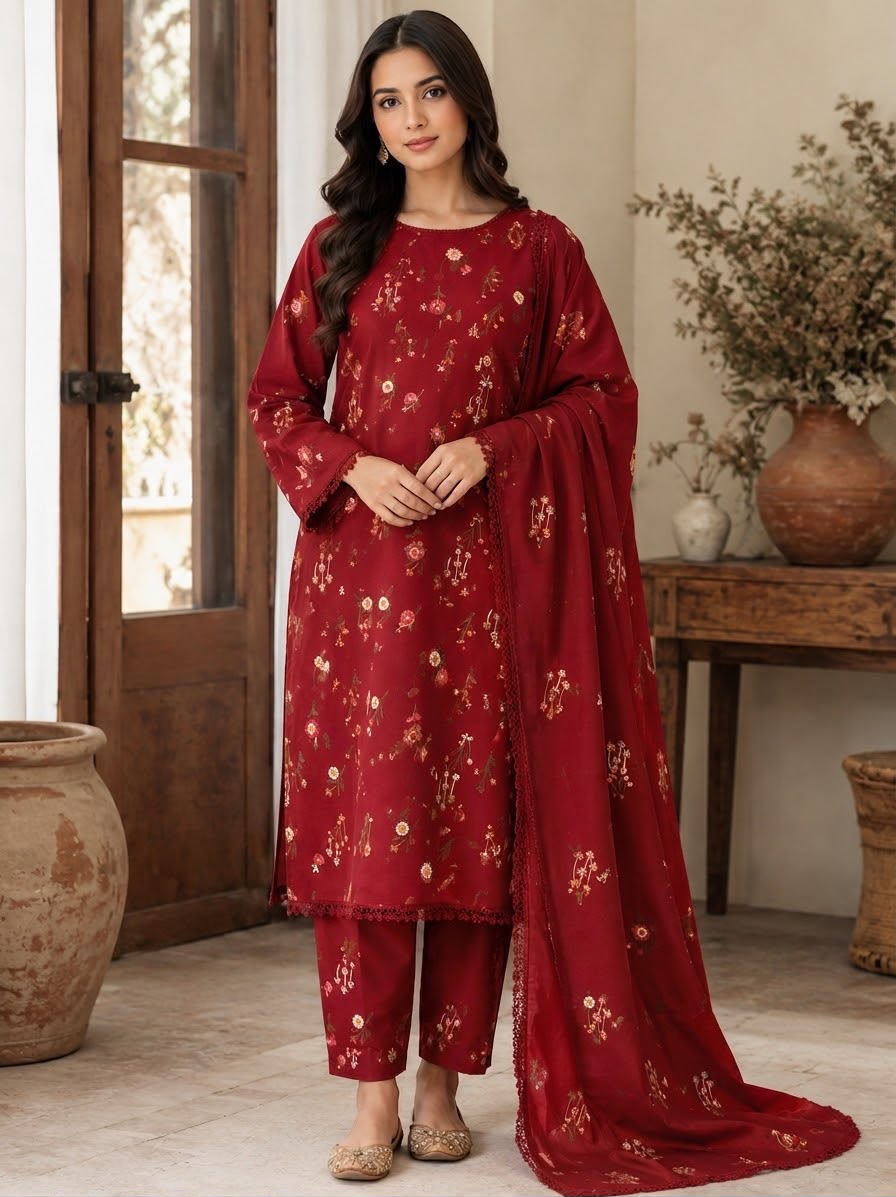 Cross Boti 3PC Dhanak - Red