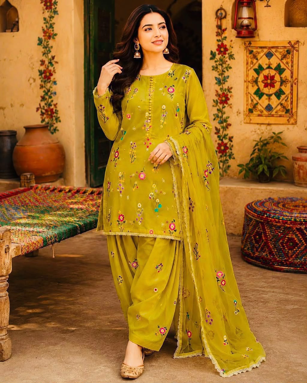 Cross Boti 3PC Dhanak - Mustard