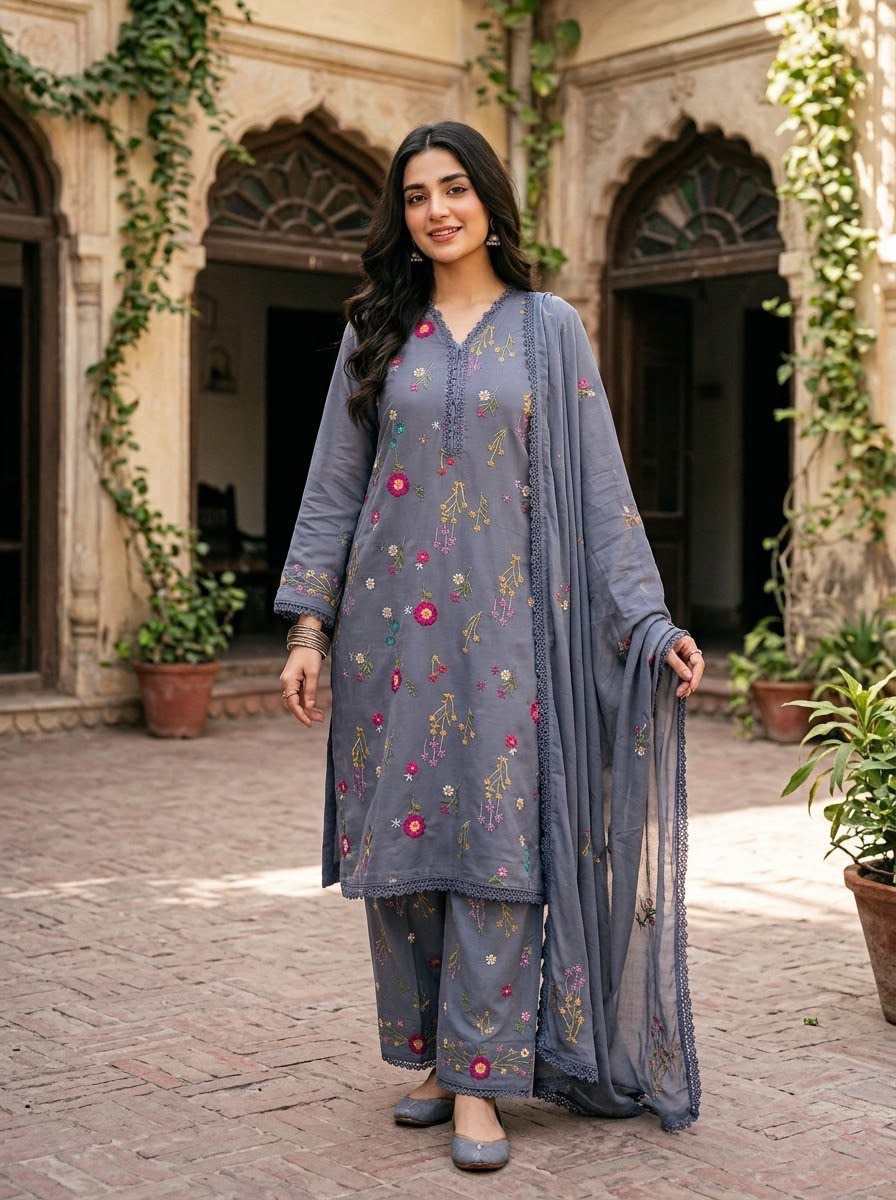Cross Boti 3PC Dhanak - Gray